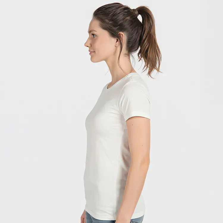 Next Level Ladies CVC T Shirt in White worn lifestyle side view