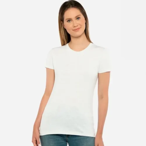 Next Level Ladies Tri-Blend T Shirt in Heather White worn lifestyle front view
