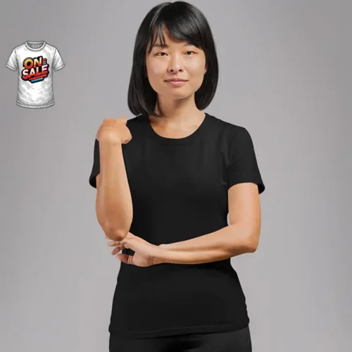 On Sale Premium Ladies Fashion Custom T Shirt in black, lifestyle image with On Sale badge
