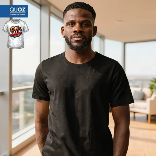 On Sale custom printed QUOZ Men Brand T Shirt in Black with On Sale badge in the top left corner