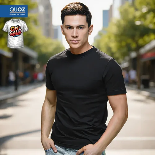 On Sale custom printed QUOZ Men Wave T Shirt in Black with On Sale badge in the top left corner