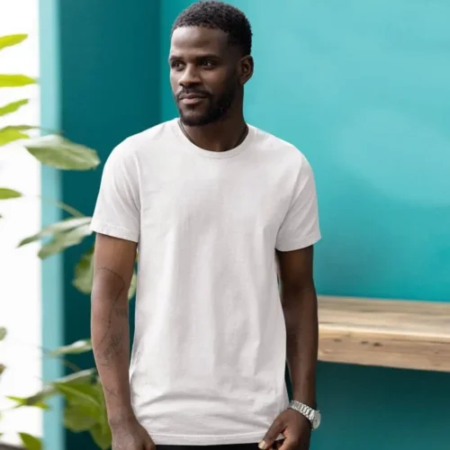 Premium men’s fashion custom t-shirt in white – lifestyle front view