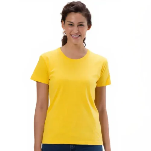QUOZ Ladies Wave T Shirt in Lemon, front lifestyle view on model