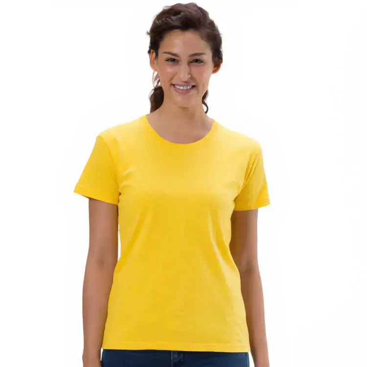 QUOZ Ladies Wave T Shirt in Lemon, front lifestyle view on model