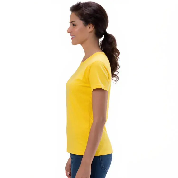 QUOZ Ladies Wave T Shirt in Lemon, side lifestyle view on model