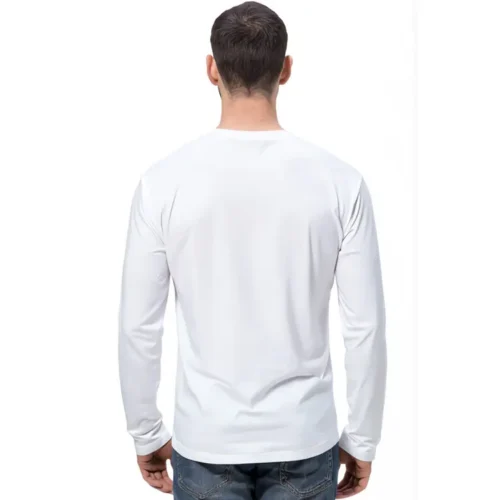 QUOZ Men Long Sleeve Tee in White, back lifestyle view on model