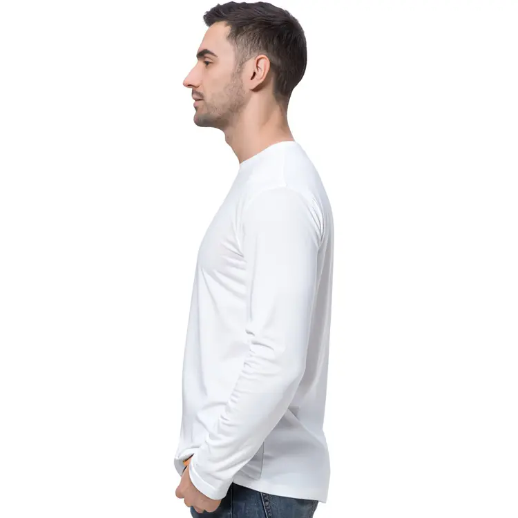 QUOZ Men Long Sleeve Tee in White, side lifestyle view on model