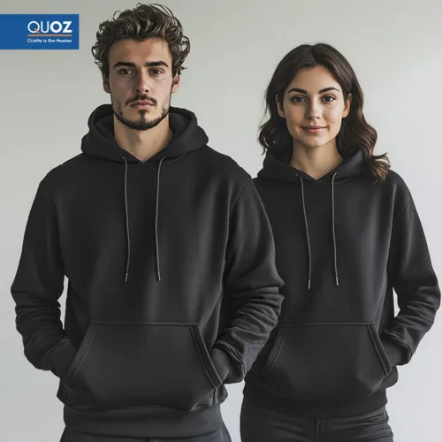 QUOZ Unisex Hoodie in Black, worn lifestyle view with two models
