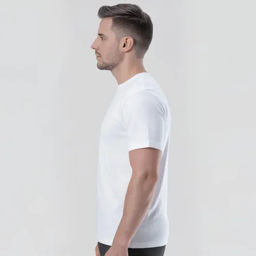 QUOZ Unisex T Shirt in White worn lifestyle side view