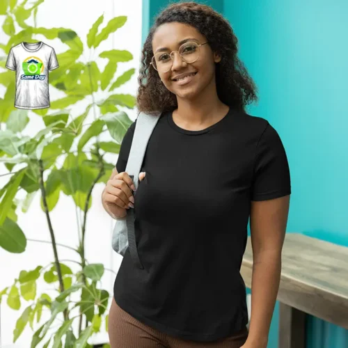 Same Day Premium Ladies Fashion Custom T Shirt in black, lifestyle image with Same Day badge