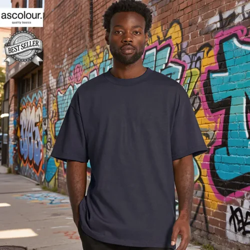 AS Colour Men's Heavy T Shirt in Midnight Blue with custom print, lifestyle view