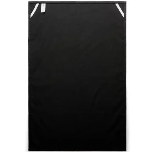 AS Colour Tea Towel in Black, studio back view, hang loops