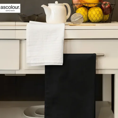 AS Colour Tea Towel with custom print, Black and White tea towels hanging in kitchen