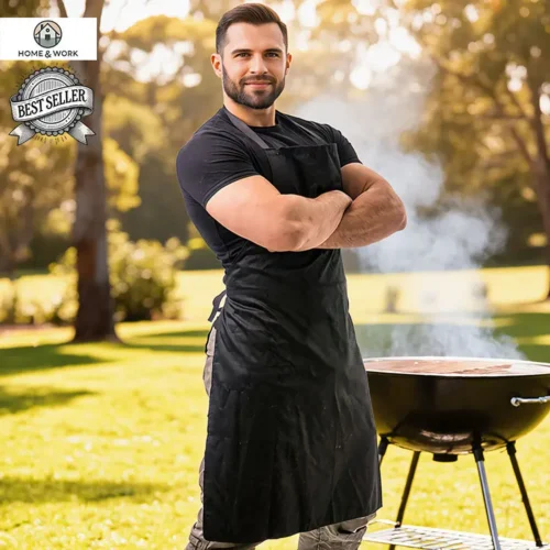 Basic Cotton Canvas Apron in Black with custom print, lifestyle view at BBQ