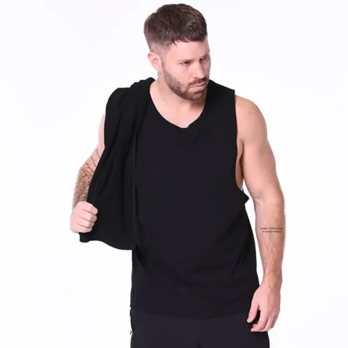 Blank Athletics Essential Gym Towel in Black, studio casual, towel over shoulder