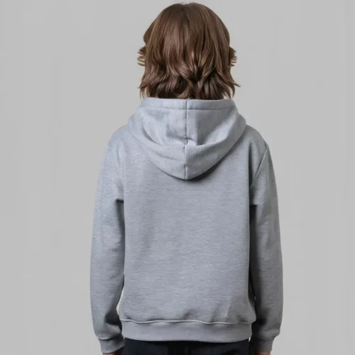 CB Kids Classic Hoodie in Grey Marle, lifestyle back view