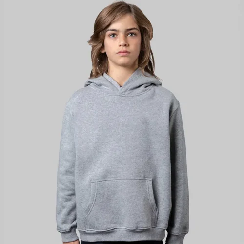 CB Kids Classic Hoodie in Grey Marle, lifestyle front view