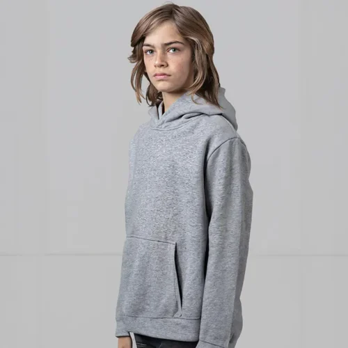 CB Kids Classic Hoodie in Grey Marle, lifestyle three-quarter view