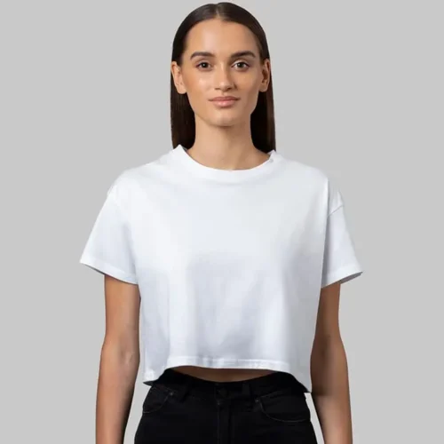 CB Ladies Premium Crop Top in White, lifestyle front view