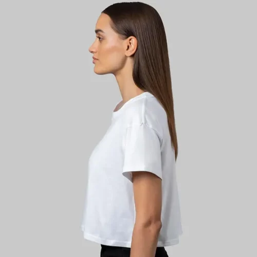CB Ladies Premium Crop Top in White, lifestyle side view