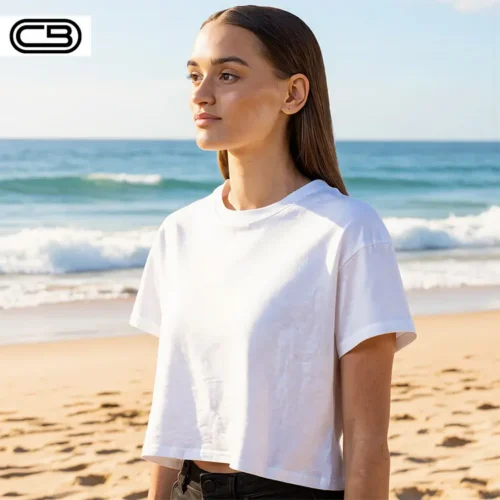 CB Ladies Premium Crop Top in White with custom print, lifestyle view