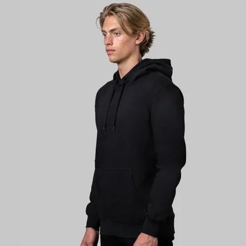 CB Men's Classic Hoodie in Black, lifestyle three-quarter view