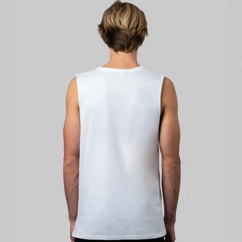 CB Premium Men Tank Top in White, lifestyle back view