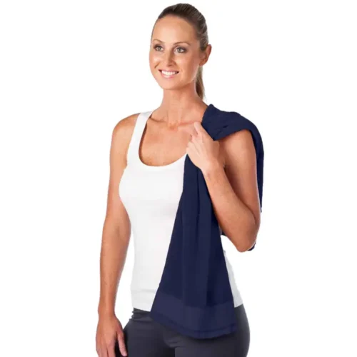 Legend Life Basic Gym Towel in Navy, studio view, towel over shoulder