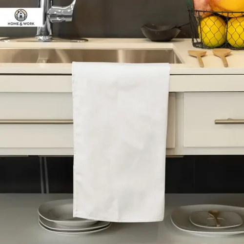 100% Linen Tea Towel in Natural off-white with custom print, hanging in kitchen