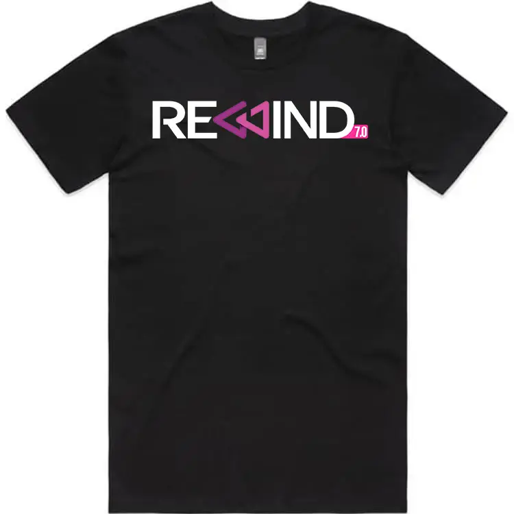 REWIND 2026 men's tee Black front