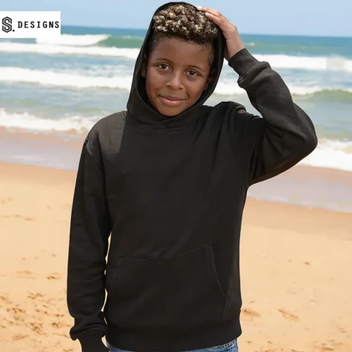S. Designs Kids Hoodie in Black with custom print, main view