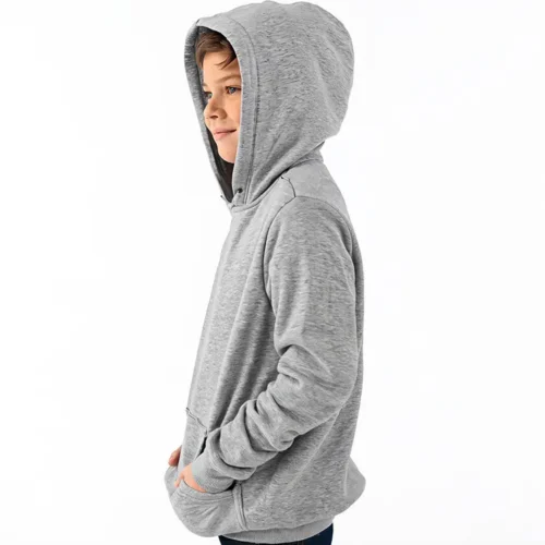 S. Designs Kids Hoodie in Grey Marle, lifestyle side view