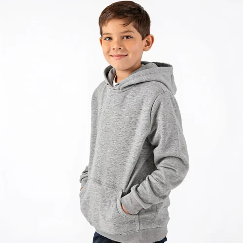 S. Designs Kids Hoodie in Grey Marle, lifestyle turn view