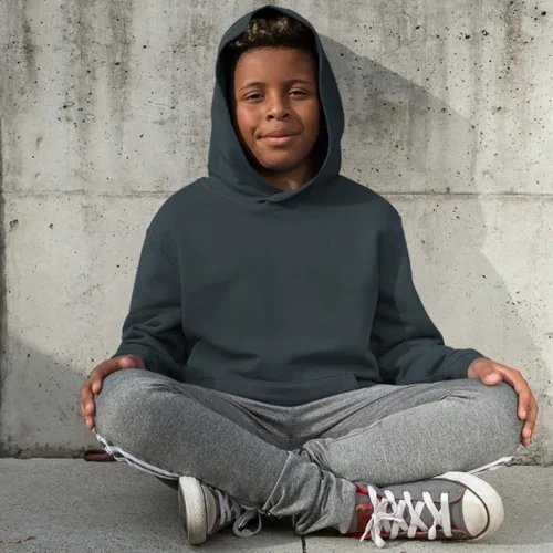 S. Designs Kids Hoodie in Navy, lifestyle front view