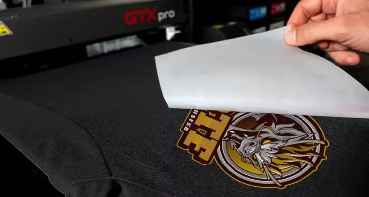 DTF printing heat press transferring design onto t-shirt