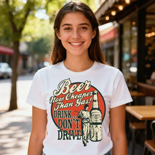 Beer Now Cheaper Than Gas printed in Australia graphic t-shirt ladies front design