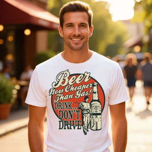 Beer Now Cheaper Than Gas printed in Australia graphic t-shirt men front design