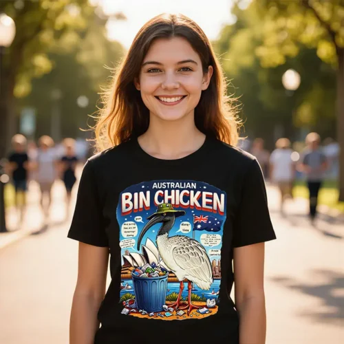 Woman wearing a black Bin Chicken ladies’ graphic t-shirt, printed in Australia