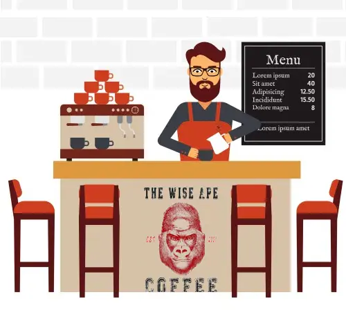 Illustration of a barista behind a coffee counter with branded shop front—showing how logos appear on uniforms, counters, and retail touchpoints.