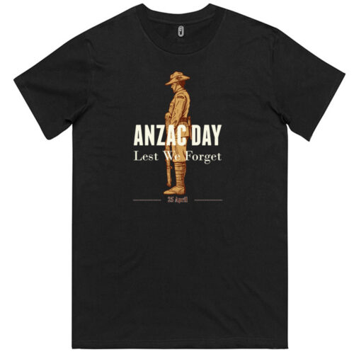 ANZAC Day black t-shirt front view Lest We Forget Australia