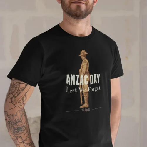 ANZAC Day t-shirt Australia black mens Lest We Forget design worn lifestyle