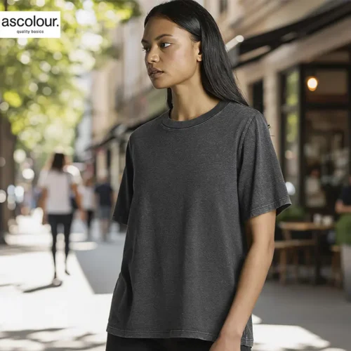AS Colour Ladies Heavy Stone Wash T Shirt in Black Stone with custom print, lifestyle view