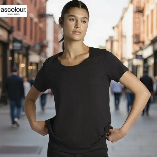 AS Colour Ladies Maple Scoop T Shirt with custom print, Black, lifestyle view