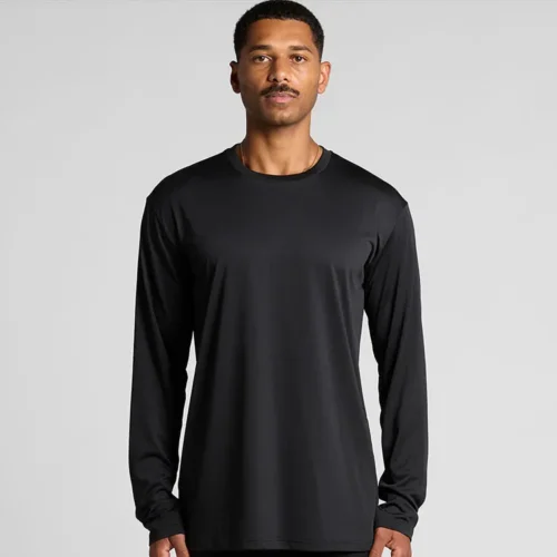AS Colour Men's Basic Staple Active Long Sleeve T Shirt with custom print, Black, studio front