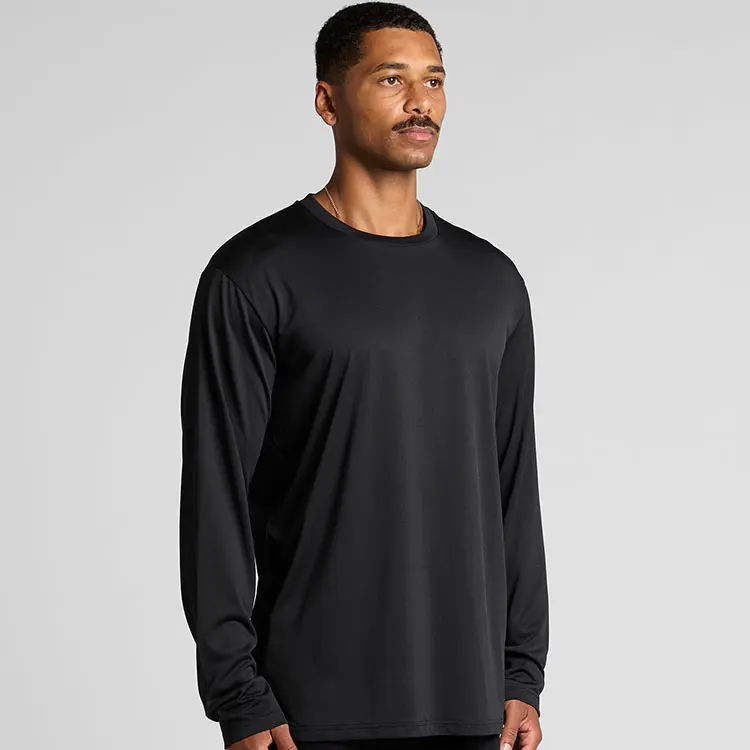 AS Colour Men's Basic Staple Active Long Sleeve T Shirt with custom print, Black, studio three-quarter turn