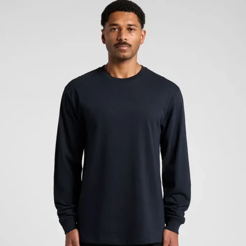 AS Colour Men's Block Long Sleeve T Shirt with custom print, Navy, studio front view