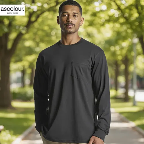 AS Colour Men's Classic Long Sleeve Pocket T Shirt with custom print, Black, lifestyle view