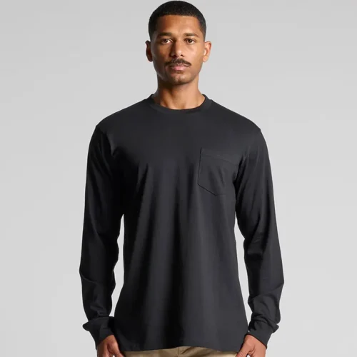 AS Colour Men's Classic Long Sleeve Pocket T Shirt with custom print, Black, studio front view