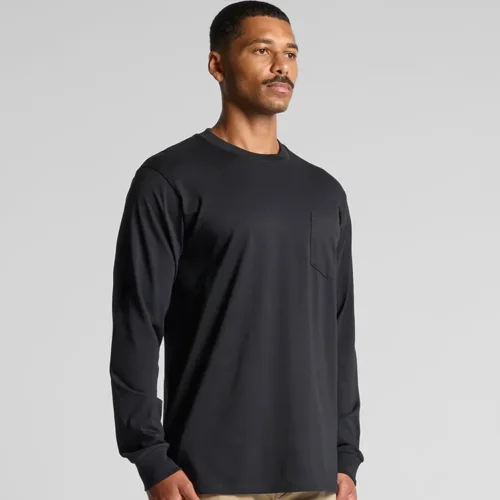 AS Colour Men's Classic Long Sleeve Pocket T Shirt with custom print, Black, studio turn view