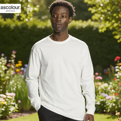 AS Colour Men's Staple Long Sleeve Organic T Shirt with custom print, White, lifestyle view